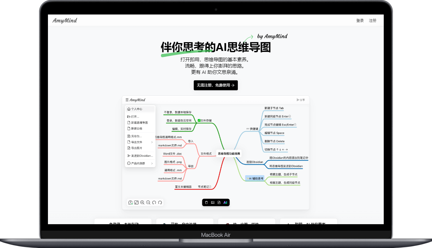 AmyMind - 一款打开即用的思维导图和画板在线工具